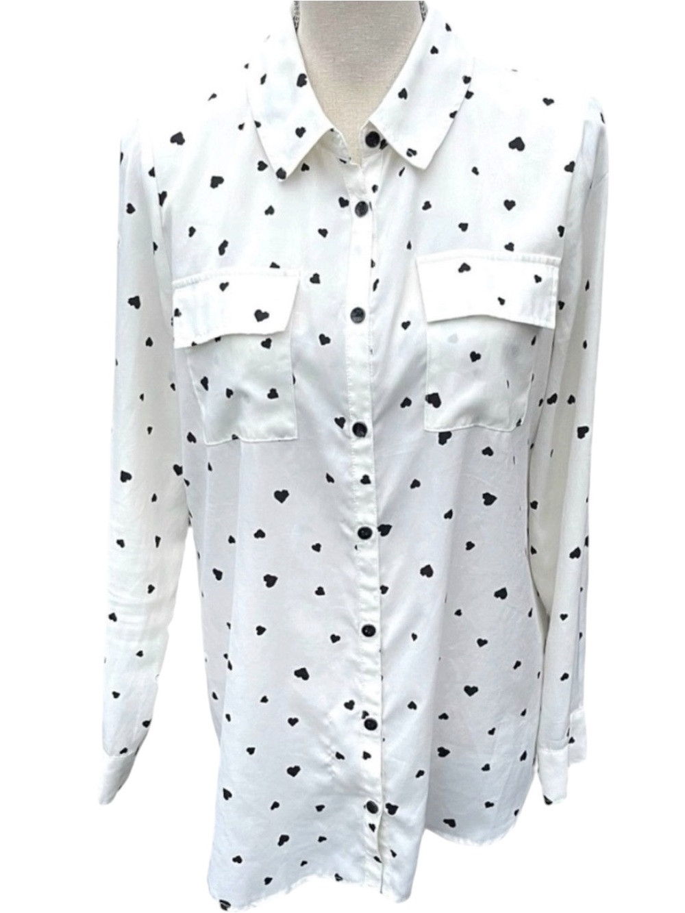 Kensie White Black Micro Heart Button Front Blouse Top (M)